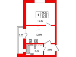 Квартира в ЖК «Дуэт», 1 комнатная, 36.2 м², 2 этаж