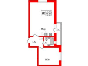 Квартира в ЖК «Дуэт», 1 комнатная, 48.4 м², 2 этаж