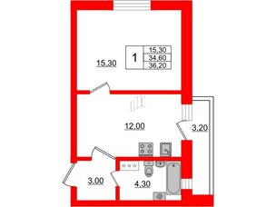 Квартира в ЖК «Дуэт», 1 комнатная, 36.4 м², 3 этаж