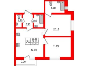 Квартира в ЖК «Дуэт», 2 комнатная, 53.6 м², 1 этаж