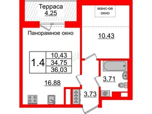 Квартира в ЖК Зеленый квартал на Пулковских высотах, 1 комнатная, 34.75 м², 5 этаж