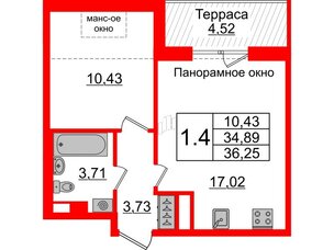 Квартира в ЖК Зеленый квартал на Пулковских высотах, 1 комнатная, 34.89 м², 5 этаж