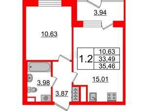Квартира в ЖК Зеленый квартал на Пулковских высотах, 1 комнатная, 33.49 м², 1 этаж