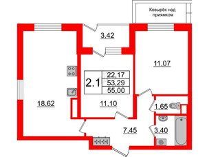 Квартира в ЖК Зеленый квартал на Пулковских высотах, 2 комнатная, 53.29 м², 1 этаж