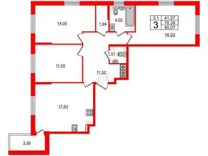 Квартира в ЖК 'Парадный ансамбль', 3 комнатная, 78.39 м², 4 этаж