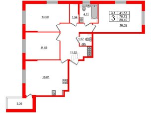 Квартира в ЖК 'Парадный ансамбль', 3 комнатная, 78.72 м², 2 этаж