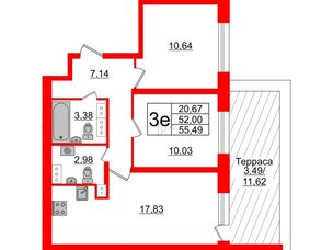 Квартира в ЖК БелАРТ, 2 комнатная, 55.49 м², 16 этаж