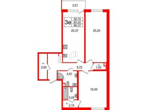 Квартира в ЖК 'OKLA', 2 комнатная, 86.37 м², 2 этаж