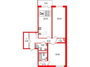 Квартира в ЖК 'OKLA', 2 комнатная, 85.42 м², 3 этаж