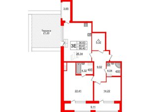 Квартира в ЖК Аквилон Leaves, 2 комнатная, 98.4 м², 10 этаж