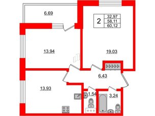 Апартаменты в ЖК Берег. Курортный, 2 комнатные, 60.12 м², 5 этаж