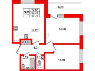 Апартаменты в ЖК Берег. Курортный, 2 комнатные, 59.79 м², 4 этаж