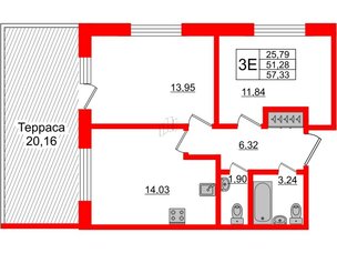 Апартаменты в ЖК Берег. Курортный, 2 комнатные, 57.33 м², 1 этаж