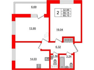 Апартаменты в ЖК Берег. Курортный, 2 комнатные, 60.15 м², 4 этаж