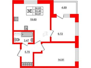 Апартаменты в ЖК Берег. Курортный, 2 комнатные, 54.81 м², 2 этаж