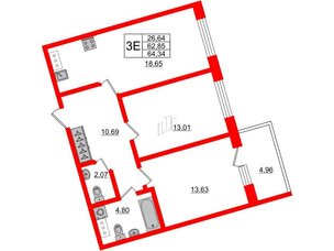 Апартаменты в ЖК Берег. Курортный, 2 комнатные, 64.34 м², 5 этаж
