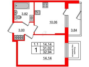 Квартира в ЖК 'Парадный ансамбль', 1 комнатная, 31.02 м², 1 этаж