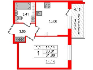 Квартира в ЖК 'Парадный ансамбль', 1 комнатная, 30.61 м², 5 этаж