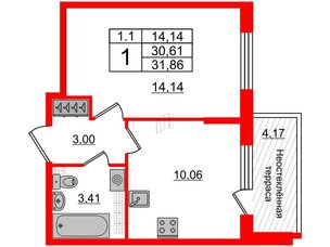 Квартира в ЖК 'Парадный ансамбль', 1 комнатная, 30.61 м², 5 этаж