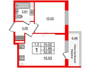 Квартира в ЖК 'Парадный ансамбль', 1 комнатная, 31.66 м², 5 этаж