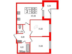 Квартира в ЖК 'Парадный ансамбль', 2 комнатная, 51.7 м², 1 этаж