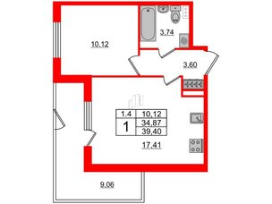 Квартира в ЖК 'Парадный ансамбль', 1 комнатная, 34.87 м², 1 этаж