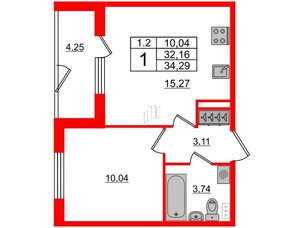 Квартира в ЖК 'Парадный ансамбль', 1 комнатная, 32.16 м², 1 этаж