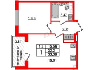 Квартира в ЖК 'Парадный ансамбль', 1 комнатная, 32.21 м², 5 этаж