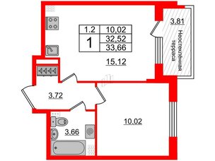 Квартира в ЖК 'Парадный ансамбль', 1 комнатная, 32.52 м², 5 этаж