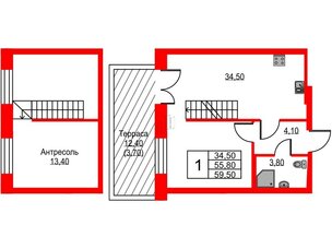 Квартира в ЖК NEWПИТЕР, 1 комнатная, 59.9 м², 1 этаж