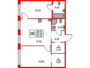 Квартира в ЖК ID Кудрово, 2 комнатная, 63.32 м², 1 этаж