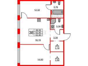 Квартира в ЖК ID Кудрово, 2 комнатная, 62.8 м², 2 этаж