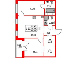 Квартира в ЖК ID Кудрово, 2 комнатная, 60.63 м², 4 этаж