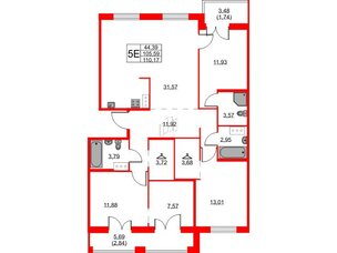 Квартира в ЖК ID Кудрово, 4 комнатная, 110.17 м², 11 этаж