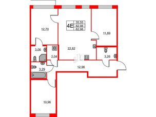 Квартира в ЖК ID Кудрово, 3 комнатная, 82.98 м², 2 этаж
