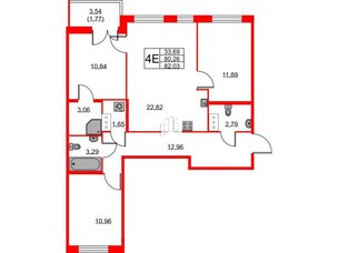 Квартира в ЖК ID Кудрово, 3 комнатная, 82.03 м², 3 этаж