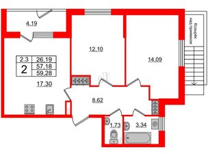 Квартира в ЖК 'Парадный ансамбль', 2 комнатная, 57.18 м², 1 этаж
