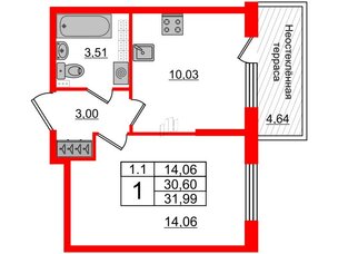 Квартира в ЖК 'Парадный ансамбль', 1 комнатная, 30.6 м², 5 этаж