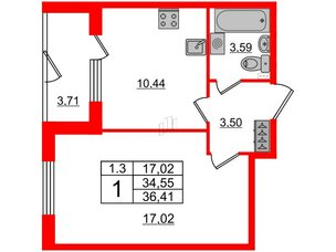 Квартира в ЖК 'Парадный ансамбль', 1 комнатная, 34.55 м², 1 этаж