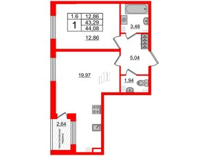Квартира в ЖК 'Парадный ансамбль', 1 комнатная, 43.29 м², 5 этаж