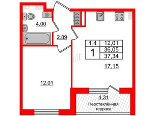 Квартира в ЖК 'Парадный ансамбль', 1 комнатная, 36.05 м², 5 этаж