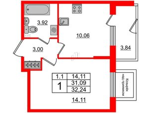 Квартира в ЖК 'Парадный ансамбль', 1 комнатная, 31.09 м², 1 этаж