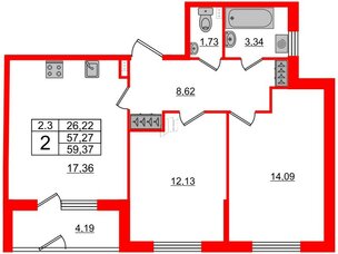Квартира в ЖК 'Парадный ансамбль', 2 комнатная, 57.27 м², 1 этаж