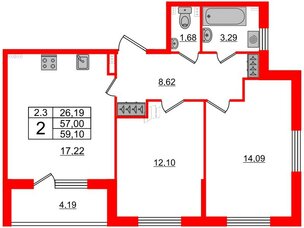 Квартира в ЖК 'Парадный ансамбль', 2 комнатная, 57 м², 2 этаж