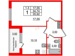 Квартира в ЖК 'Парадный ансамбль', 1 комнатная, 34.74 м², 5 этаж
