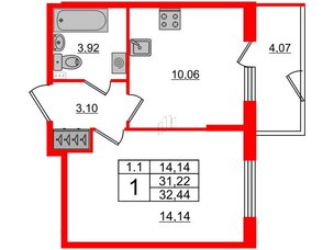 Квартира в ЖК 'Парадный ансамбль', 1 комнатная, 31.22 м², 1 этаж