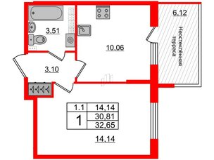Квартира в ЖК 'Парадный ансамбль', 1 комнатная, 30.81 м², 5 этаж