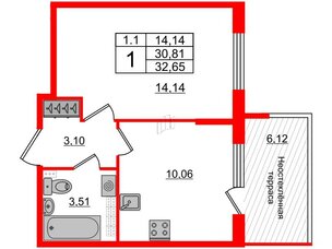 Квартира в ЖК 'Парадный ансамбль', 1 комнатная, 30.81 м², 5 этаж