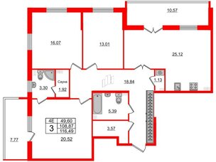 Квартира в ЖК 'Парадный ансамбль', 3 комнатная, 108.87 м², 4 этаж