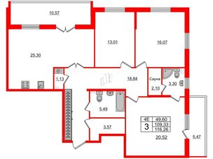 Квартира в ЖК «Парадный ансамбль», 3 комнатная, 107.2 м², 2 этаж